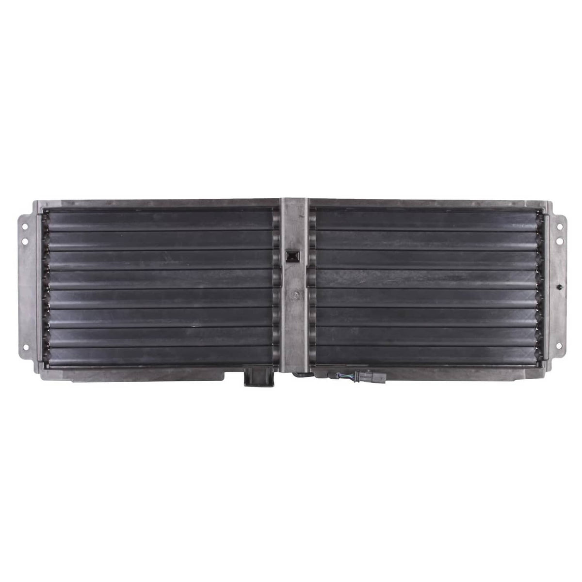 Front upper active grille shutter with motor, two-piece louvered panel in metal housing