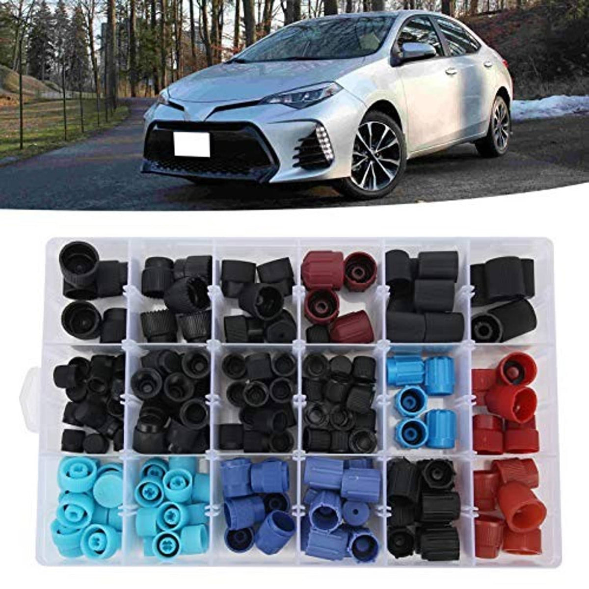 AC valve core cap set in clear organizer, mixed black, blue, and red valve covers