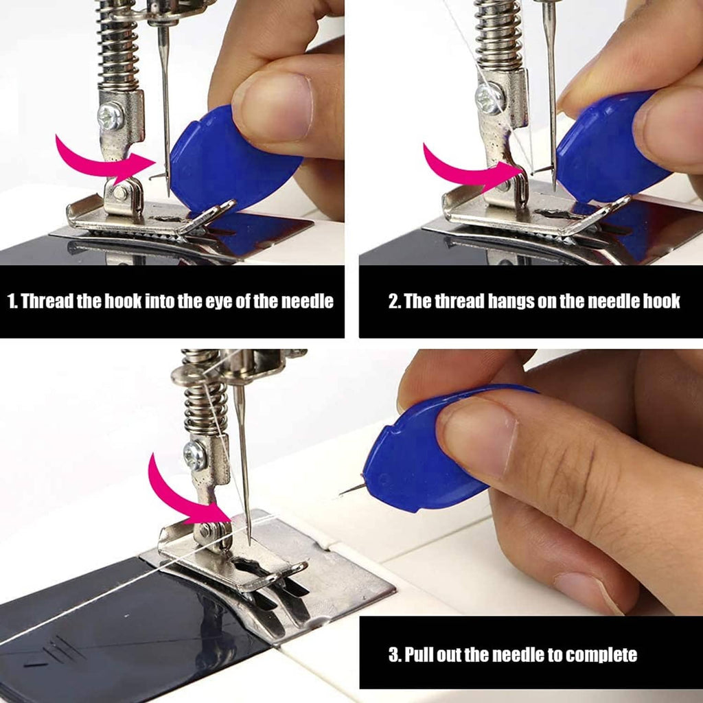 Needle threader in use on sewing machine, blue oval hook guiding thread through needle