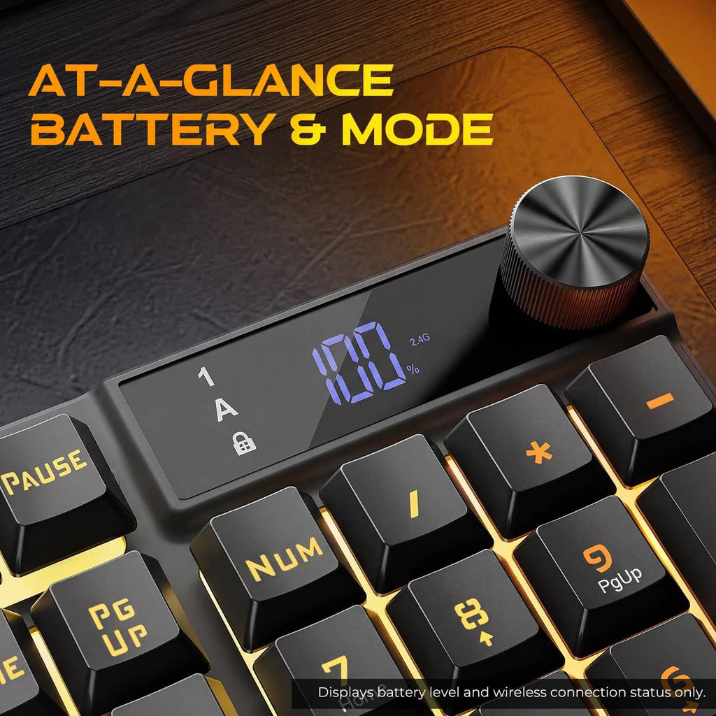 Redragon K521 Pro gaming keyboard close-up with center display and volume knob
