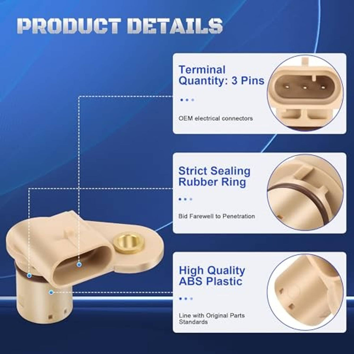 Beige camshaft position sensor with visible terminal block and rubber seal
