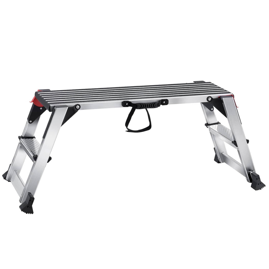 Aluminum folding work platform ladder with non-slip top and black handle loop