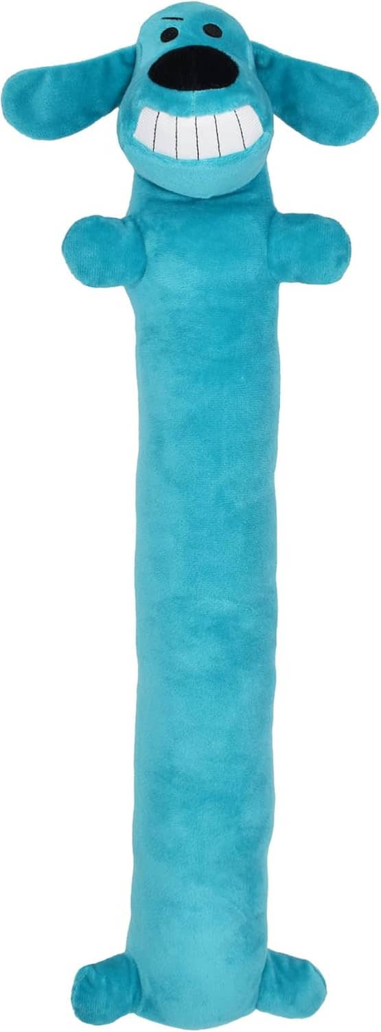 Turquoise blue long-legged squeaky dog plush with grin and floppy arms