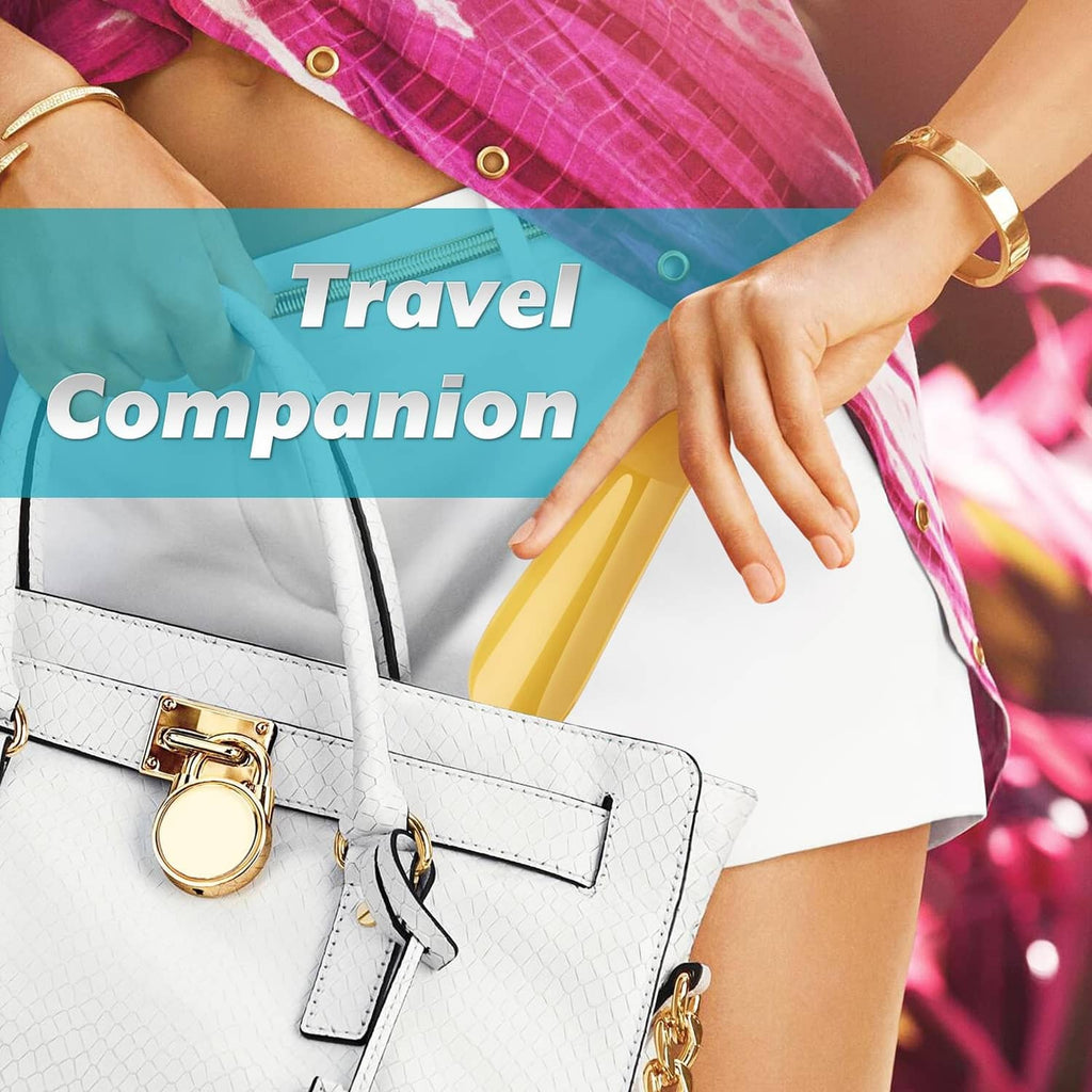 Yellow plastic shoe horn tucked in a white handbag with gold accessories