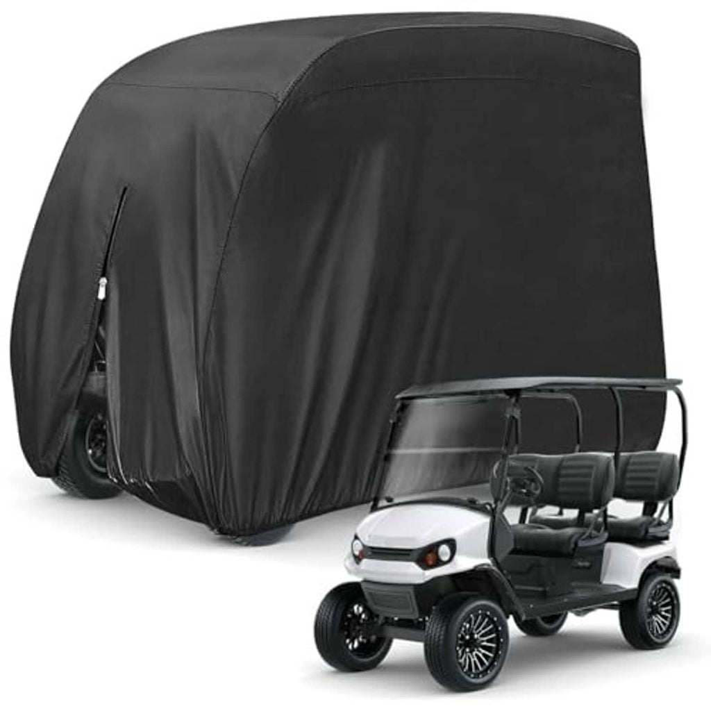 Black golf cart cover with curved hood and side zipper opening for 4-passenger carts