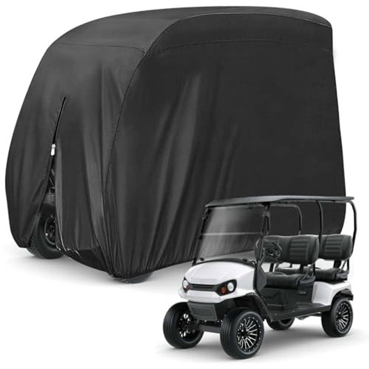 Black golf cart cover with curved hood and side zipper opening for 4-passenger carts