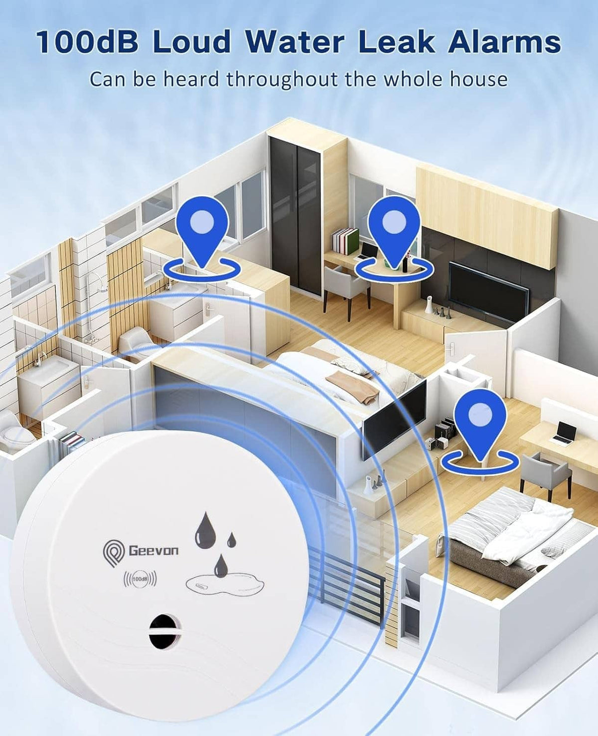 White circular water leak alarm with droplet icon and blue sound-wave alert