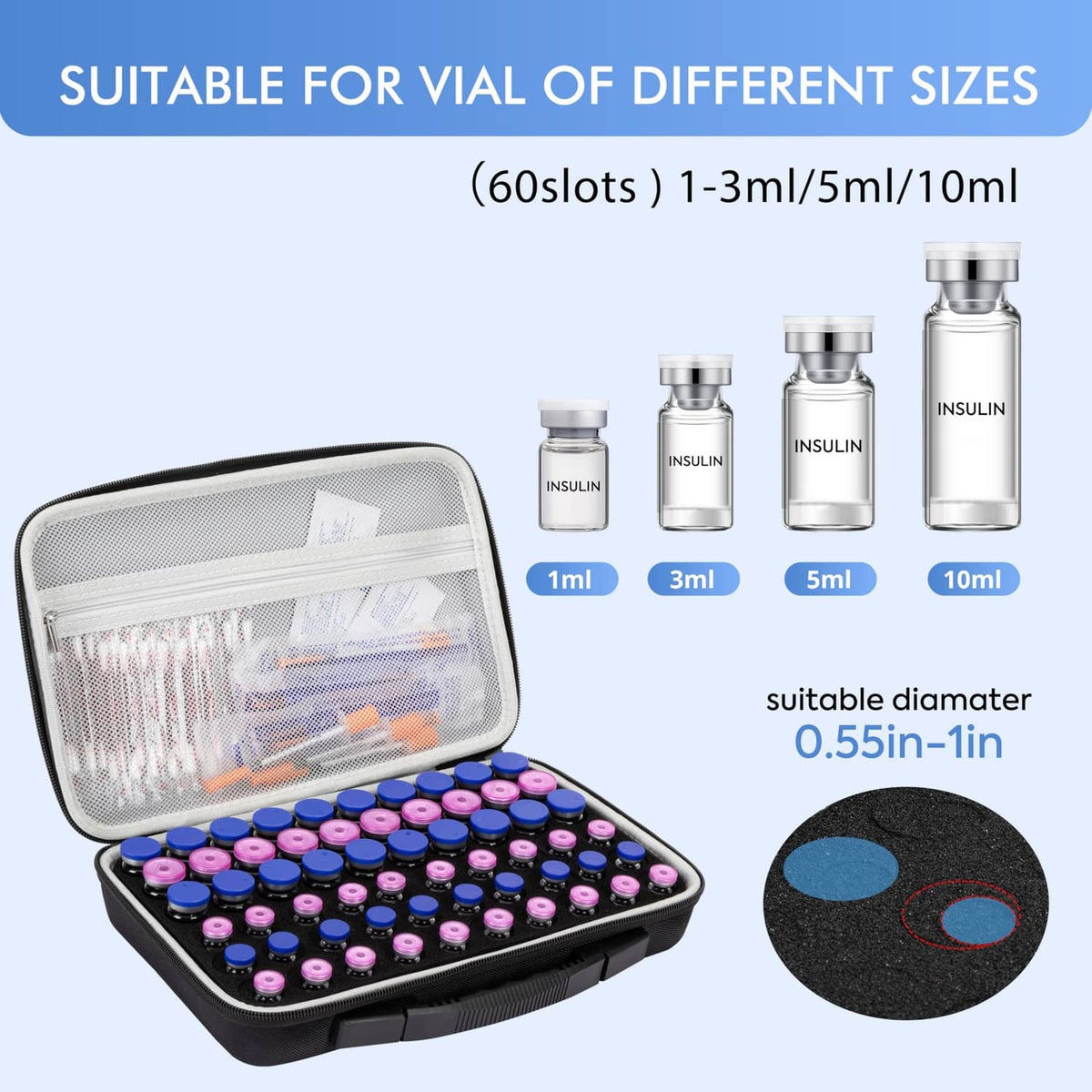 Black insulin vial case with clear lid holding small vials in 60 slots
