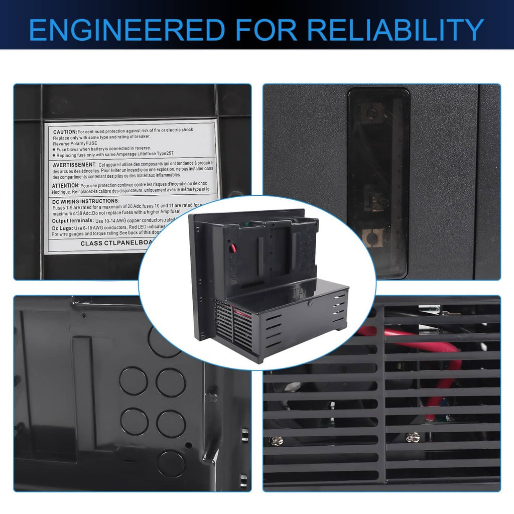 RV power converter battery charger rear label area with vented housing details