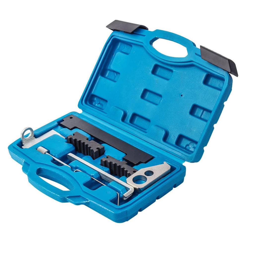 Timing tool set in open blue case with alignment bar and locking plates