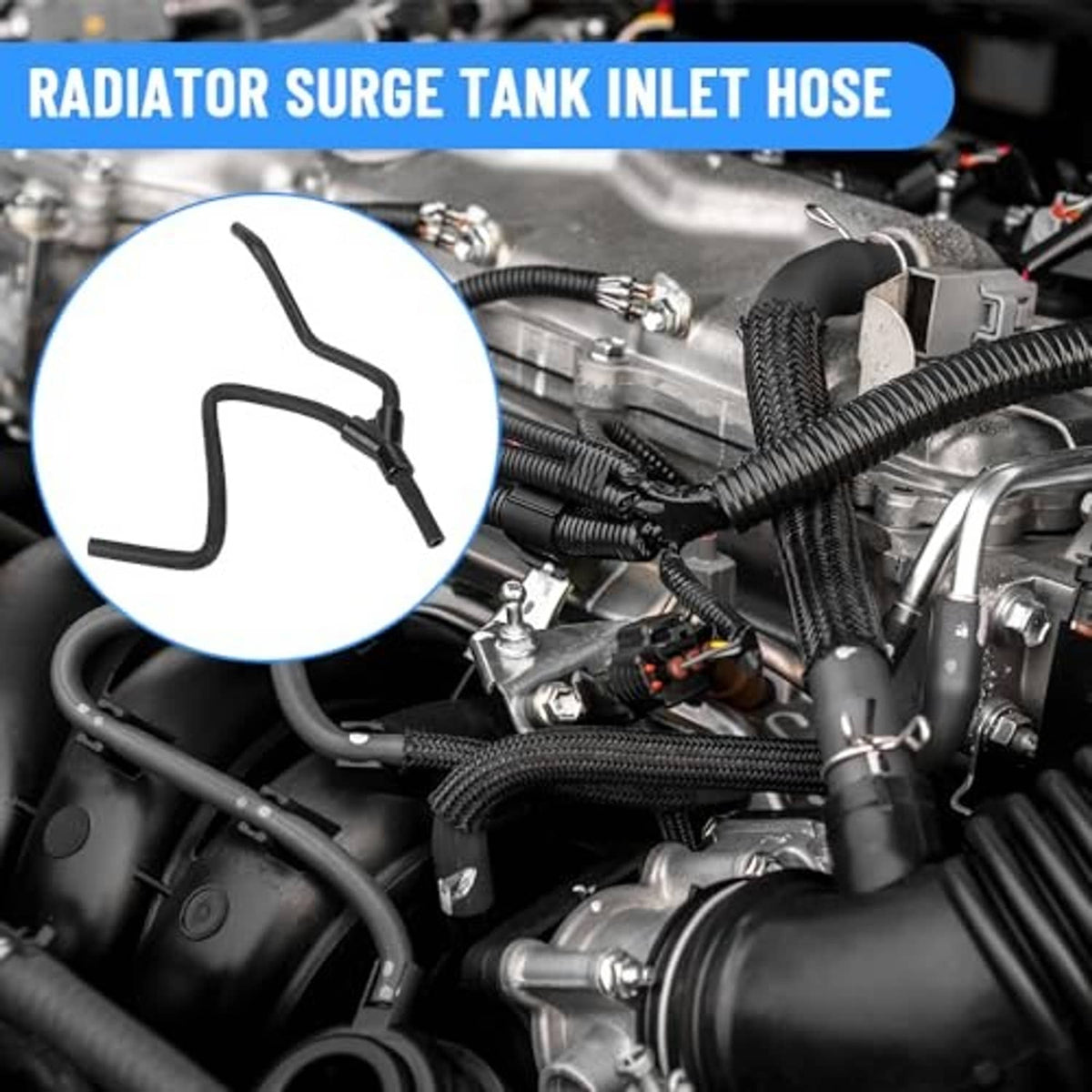 Upper radiator hose for surge tank inlet, black rubber with connector junction