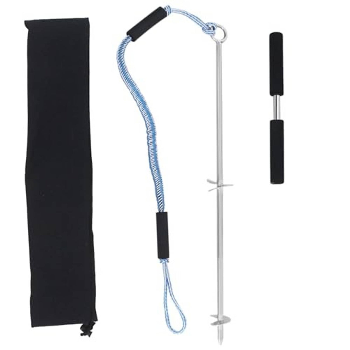 Sand anchor screw kit with black grips, blue rope, and storage bag