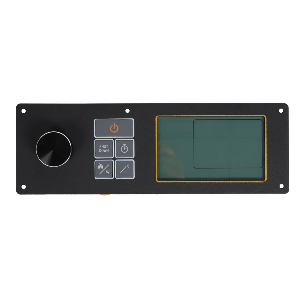 Pellet grill control board front panel with knob dial and green LCD screen