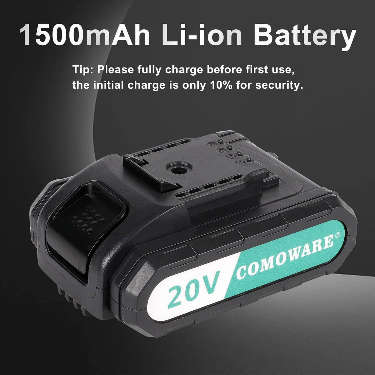 20V Li-ion battery pack for cordless drill, teal label on black casing close-up