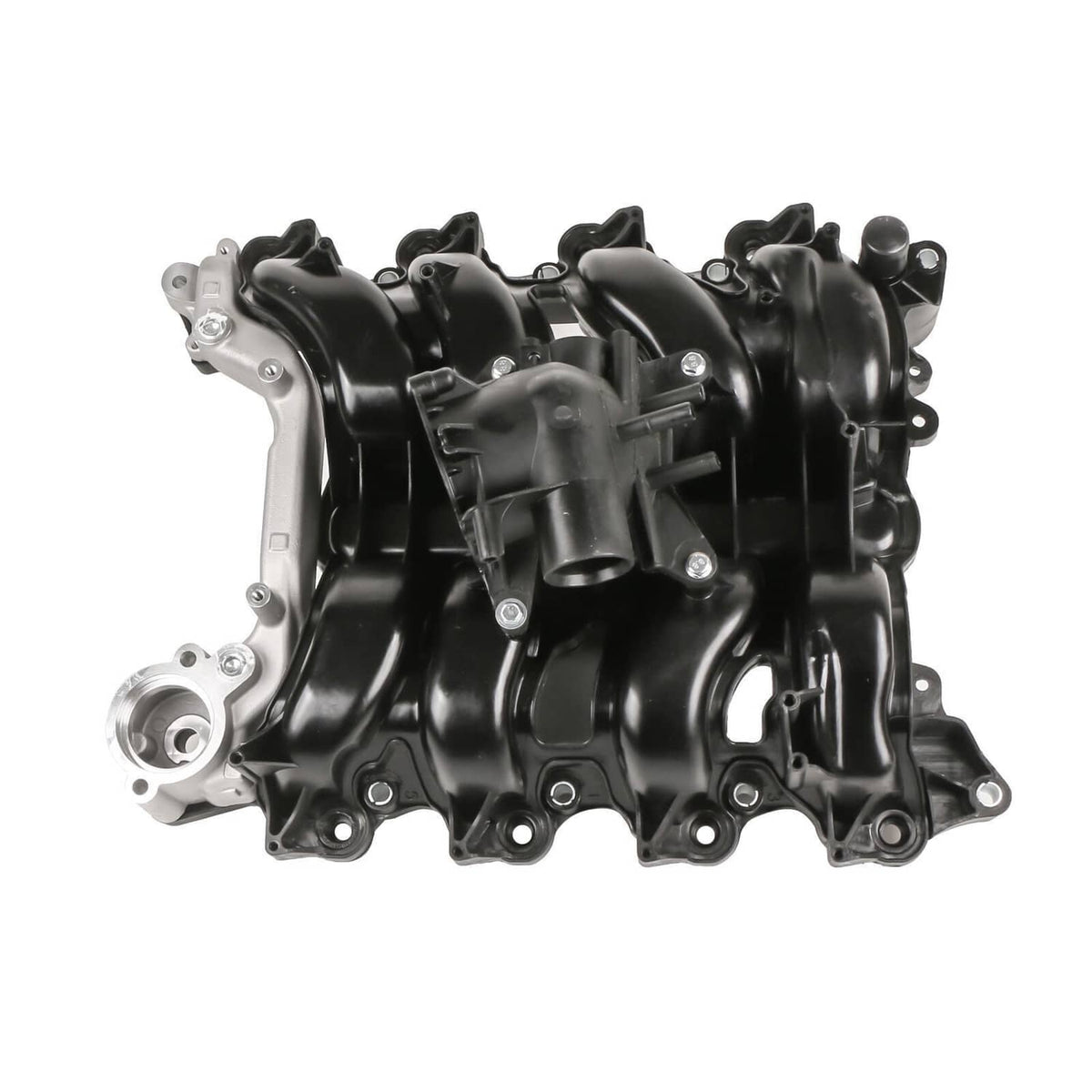 Engine intake manifold with silver mounting flange, black molded housing and ports