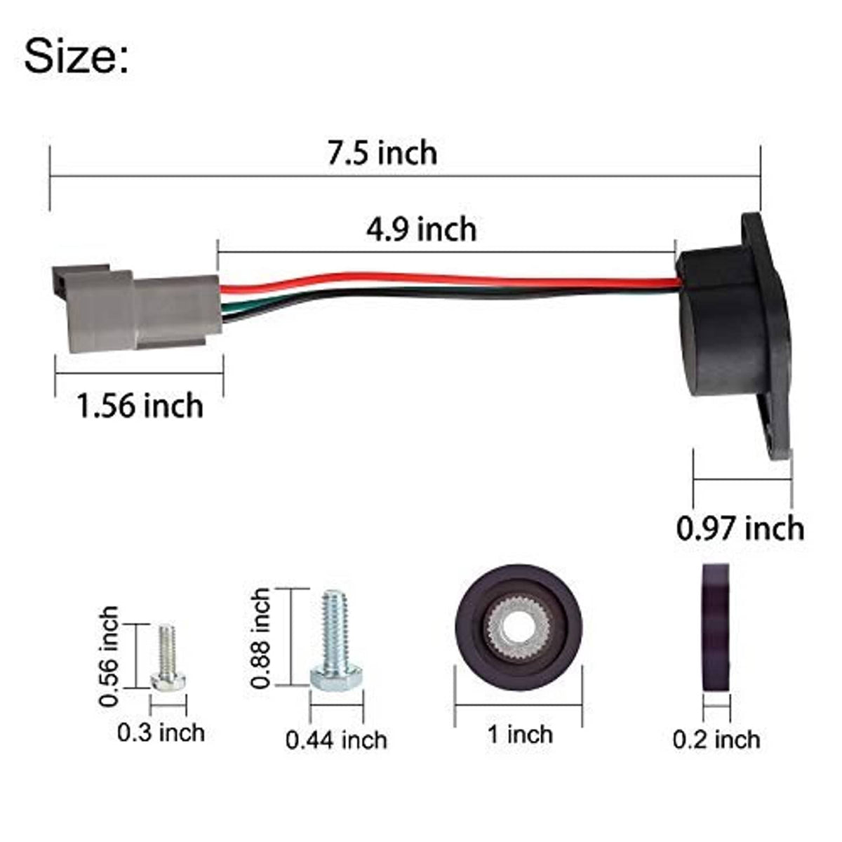 Speed sensor size diagram showing connector length and mounting measurements (inches)