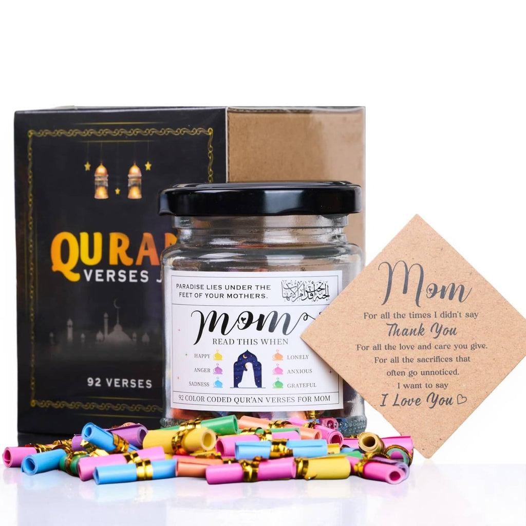 Quran verses jar gift set with dark lid, Mom card, and colorful prayer capsules