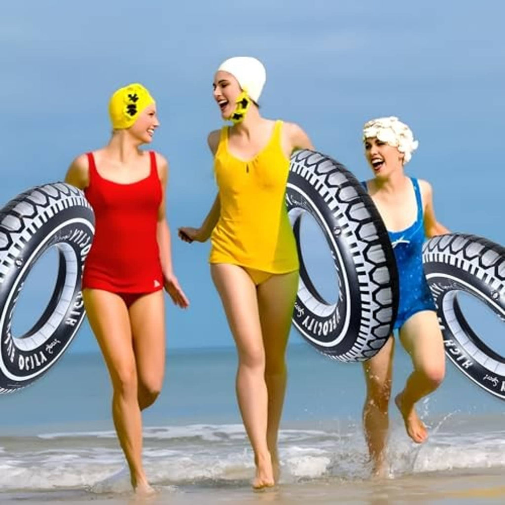 Black-and-white inflatable tire pool float ring with “High Velocity” lettering