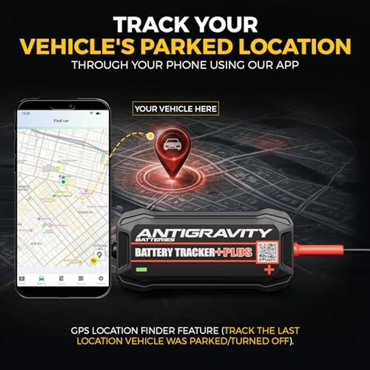 Black battery tracker plus device with red cable and smartphone map location screen