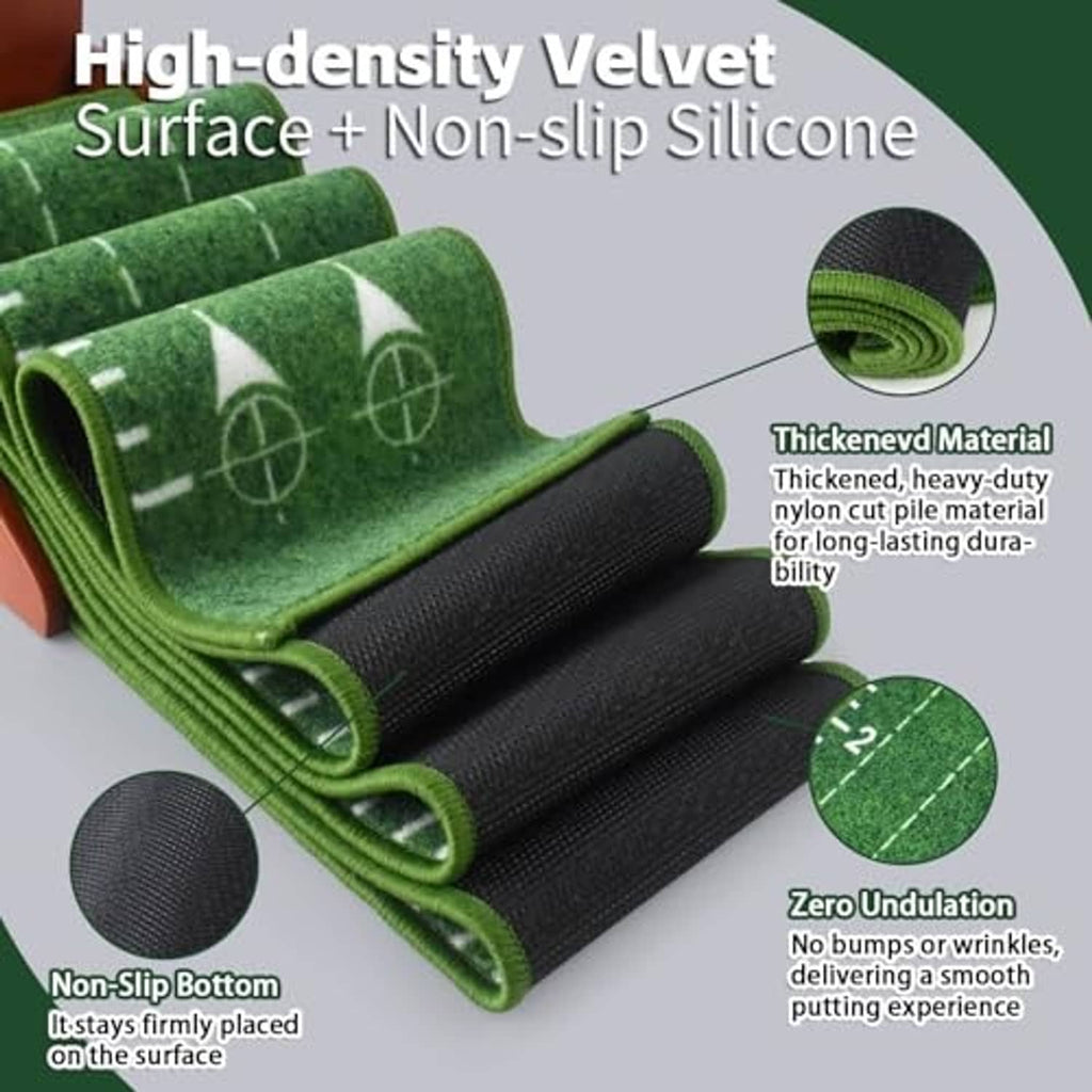 Green putting mat turf roll with high-density velvet surface and non-slip base