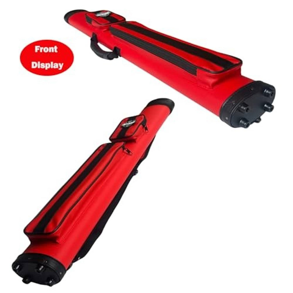 Red oval pool cue case with black ends, side view with carrying strap.