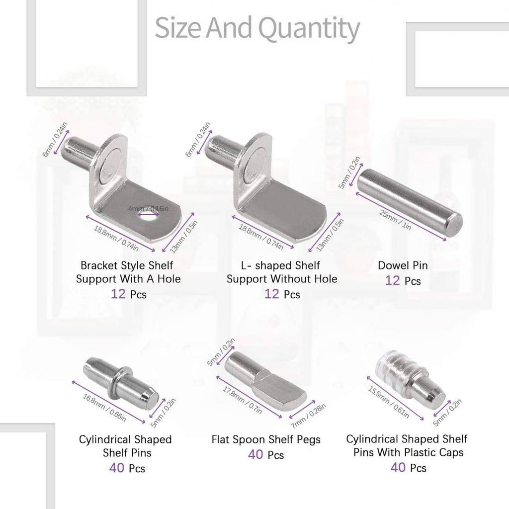 Metal shelf support pins and dowel pins with mounting brackets, shown with sizes and counts