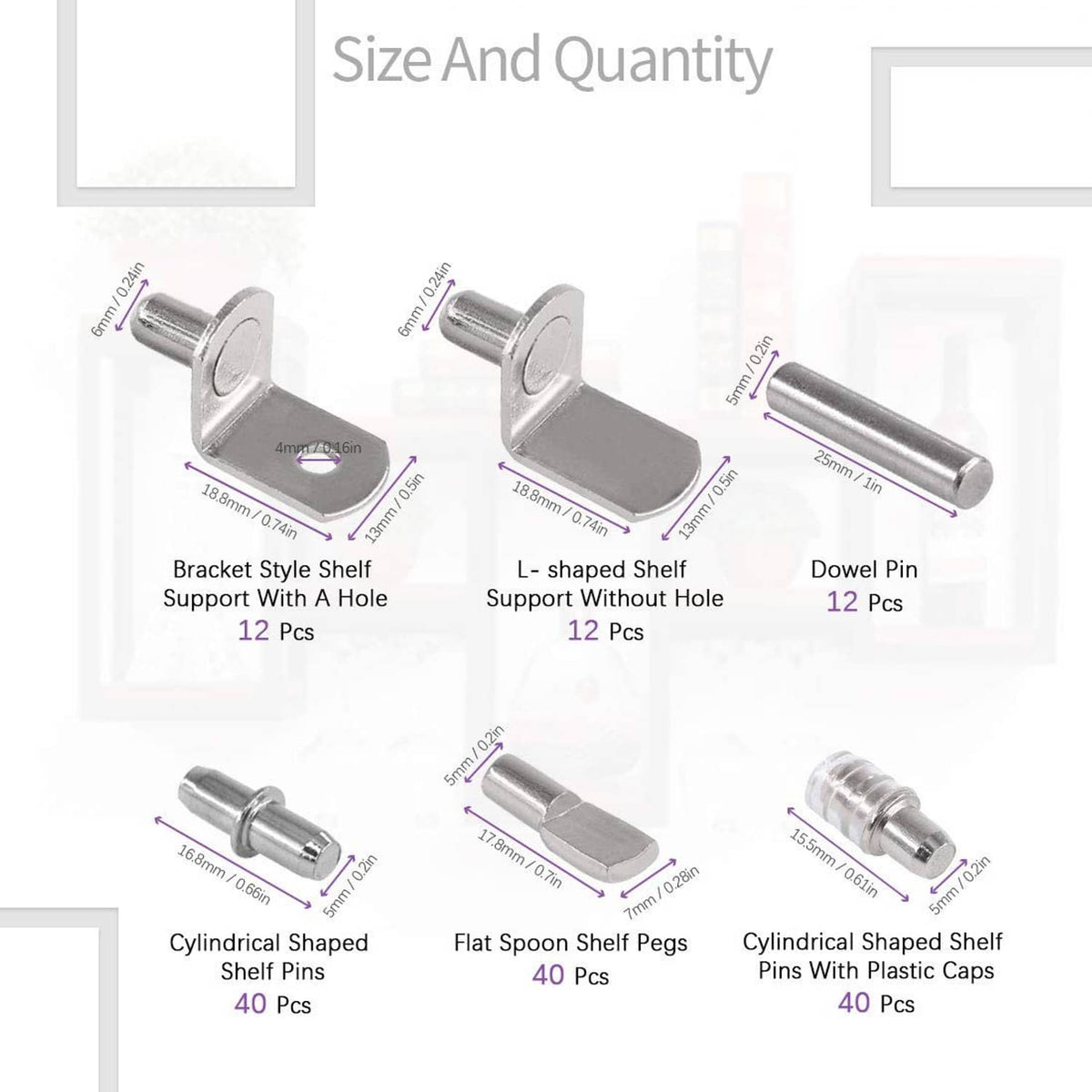 Metal shelf support pins and dowel pins with mounting brackets, shown with sizes and counts