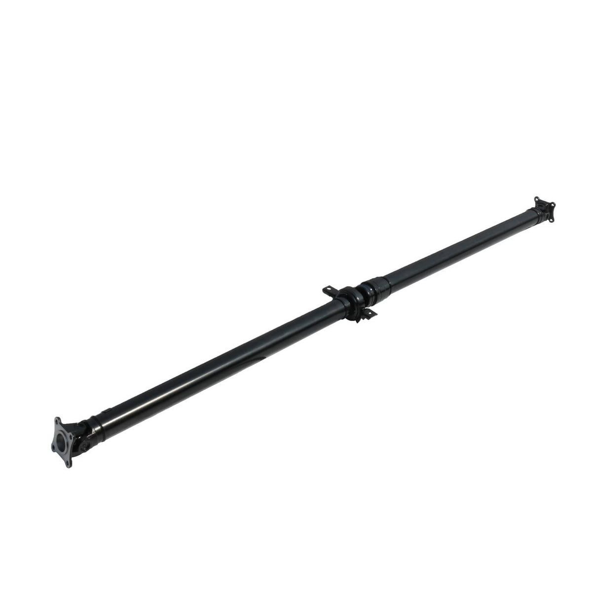 Driveshaft prop shaft with black tube and center support joint, shown end-to-end.