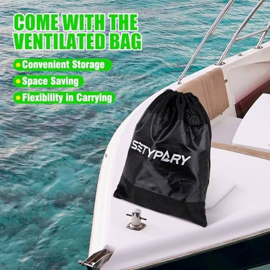Black drawstring storage bag with green tow rope for water tubing