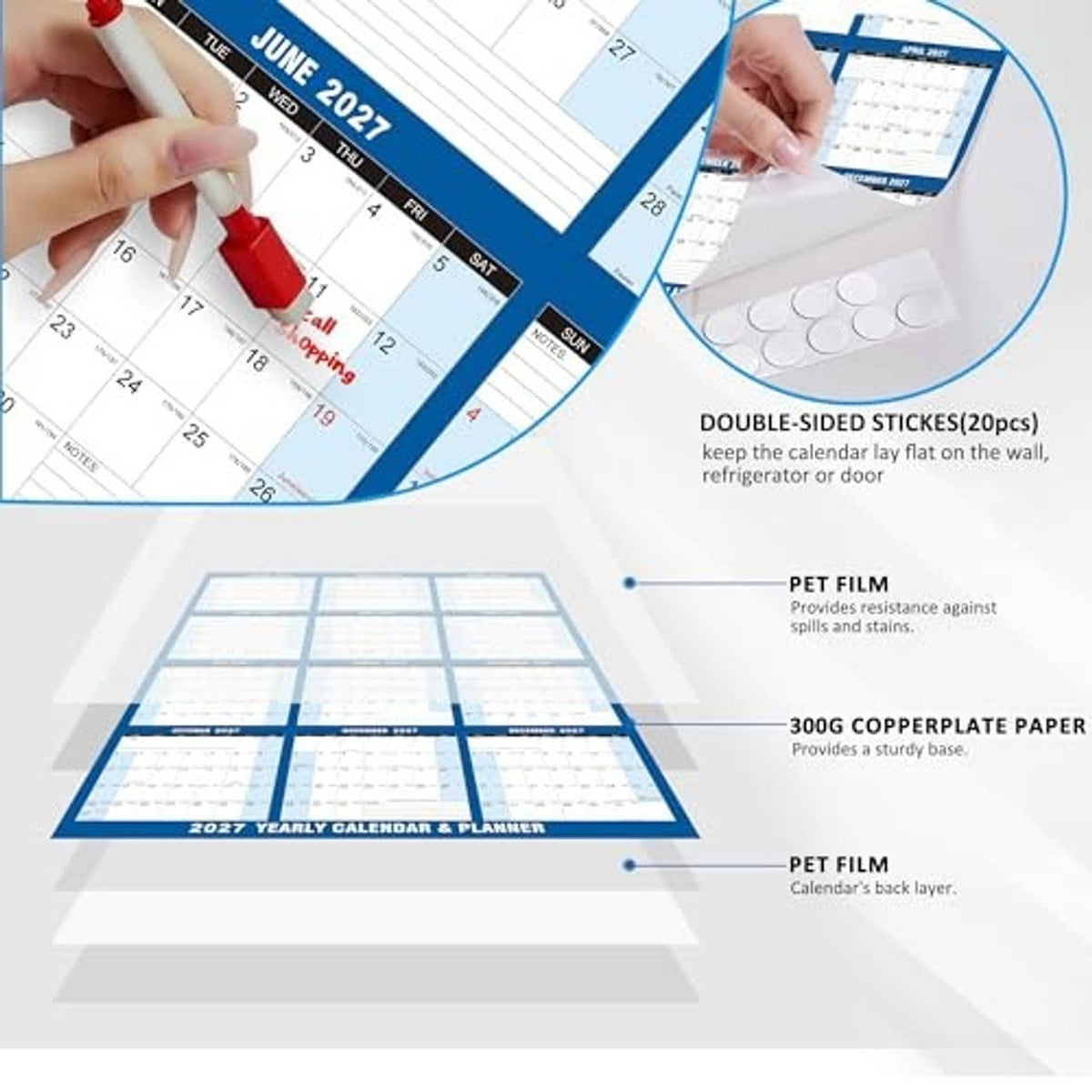 Laminated wet/dry calendar surface with writing close-up and protective film layers
