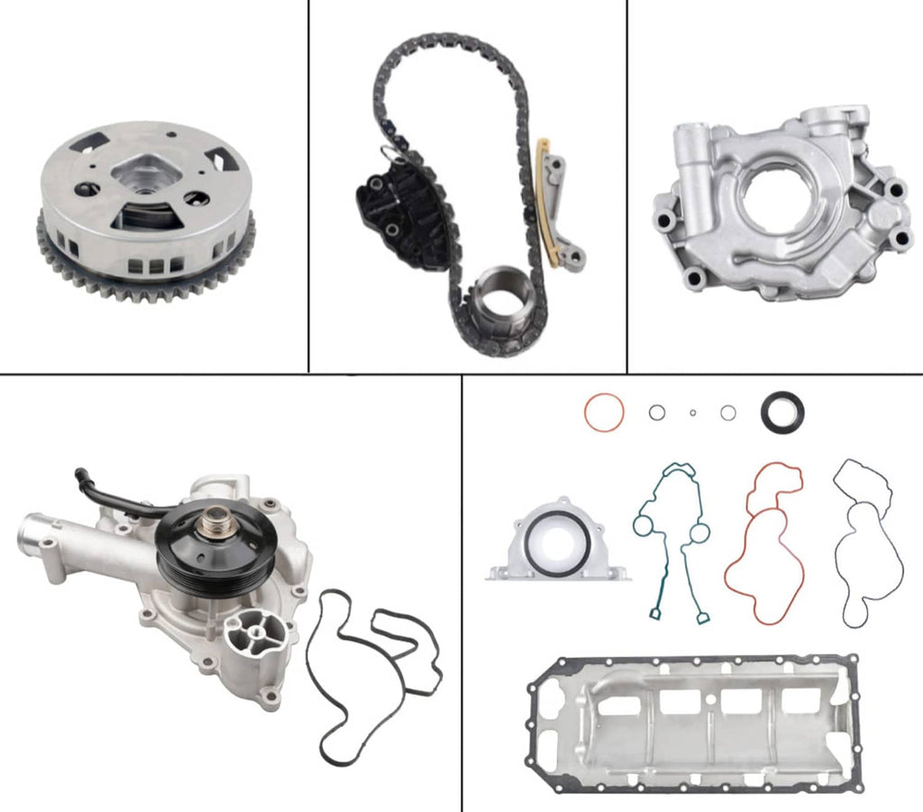 Engine rebuild kit components: timing gear, chains, oil pump, and gasket parts