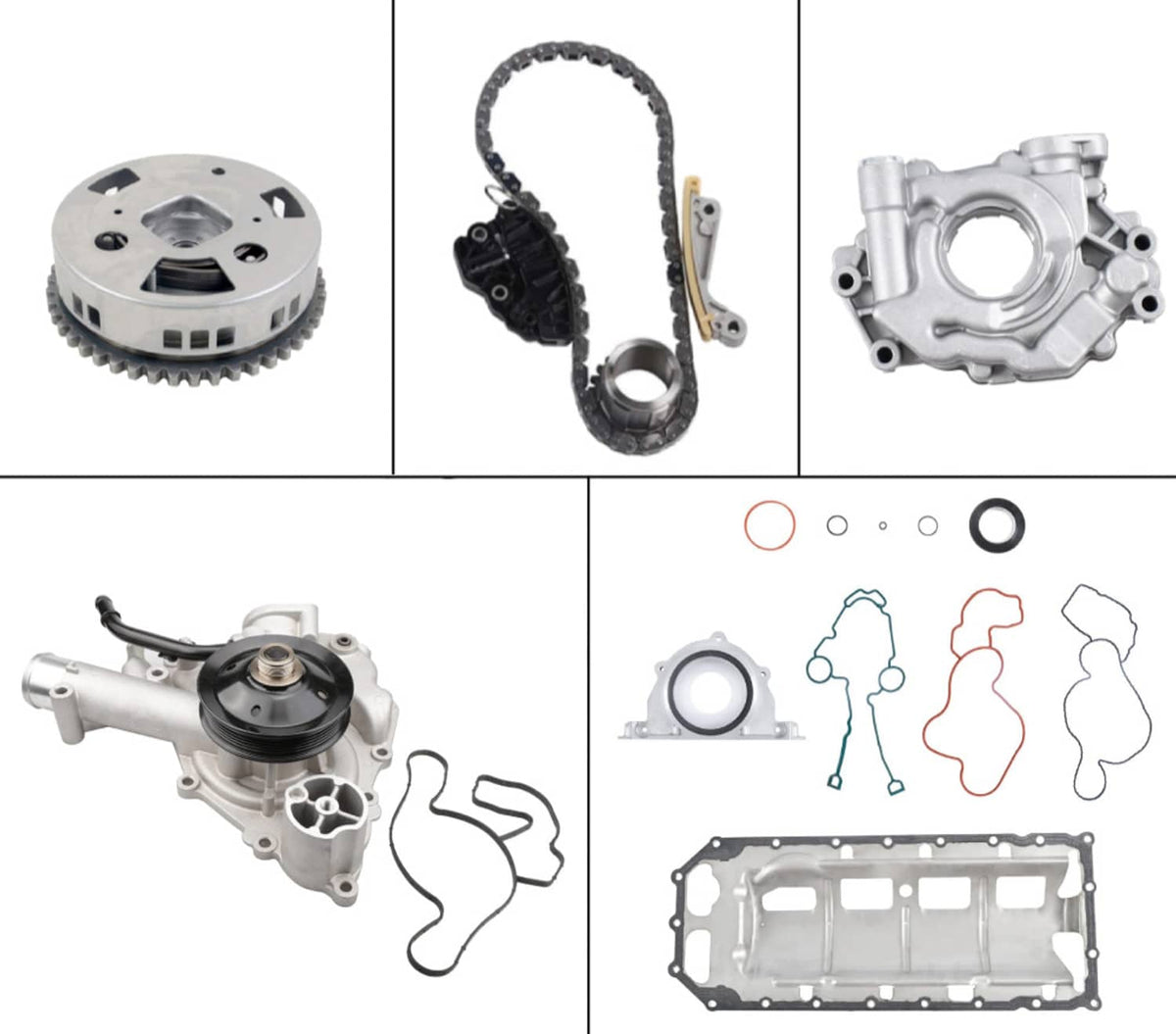 Engine rebuild kit components: timing gear, chains, oil pump, and gasket parts