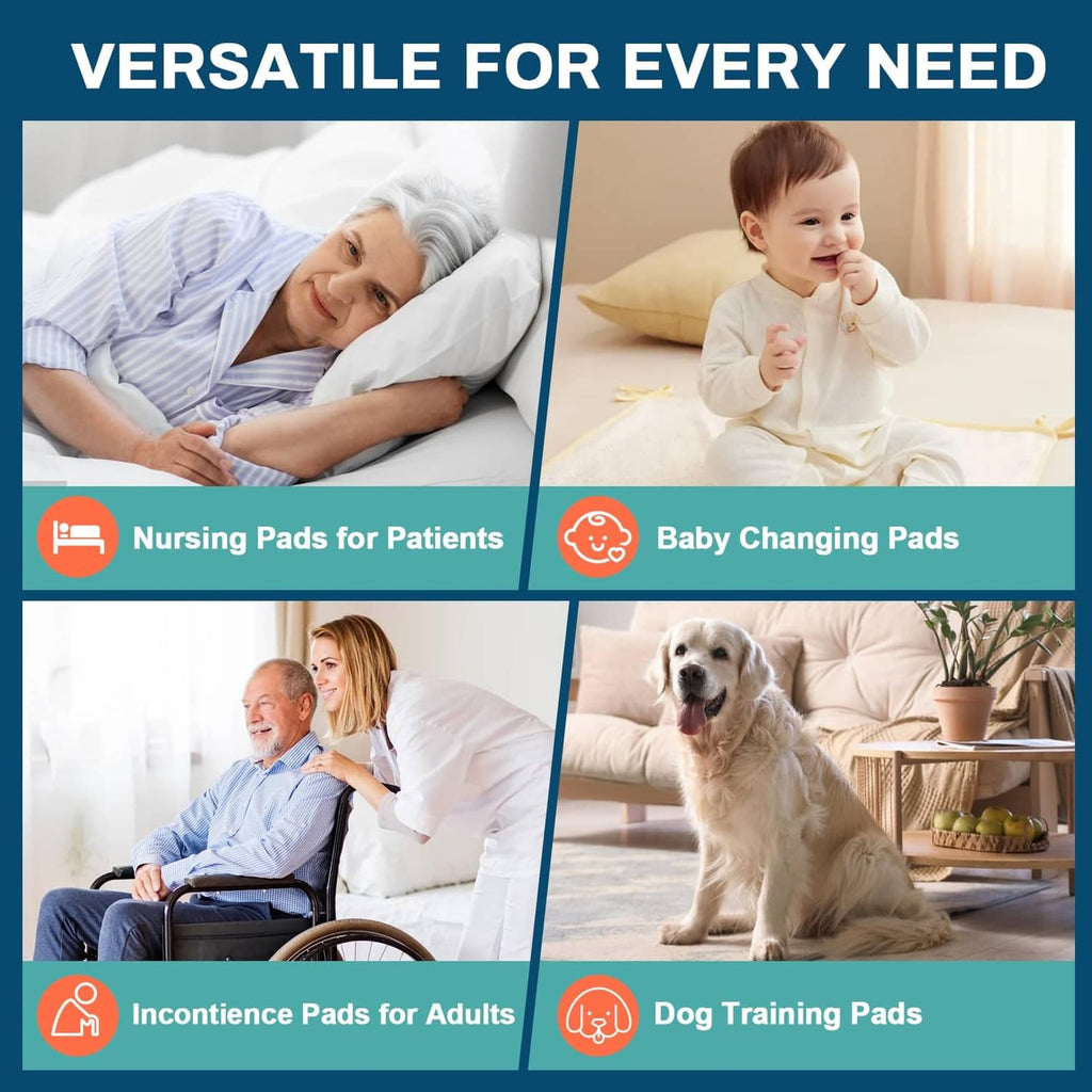 Versatile disposable bed pads shown for nursing, baby changing, adult incontinence, and dogs