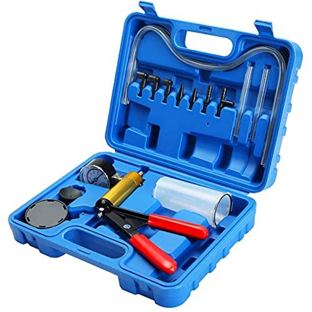 Vacuum brake bleeder tester kit with gauge and hand pump, shown open in blue case