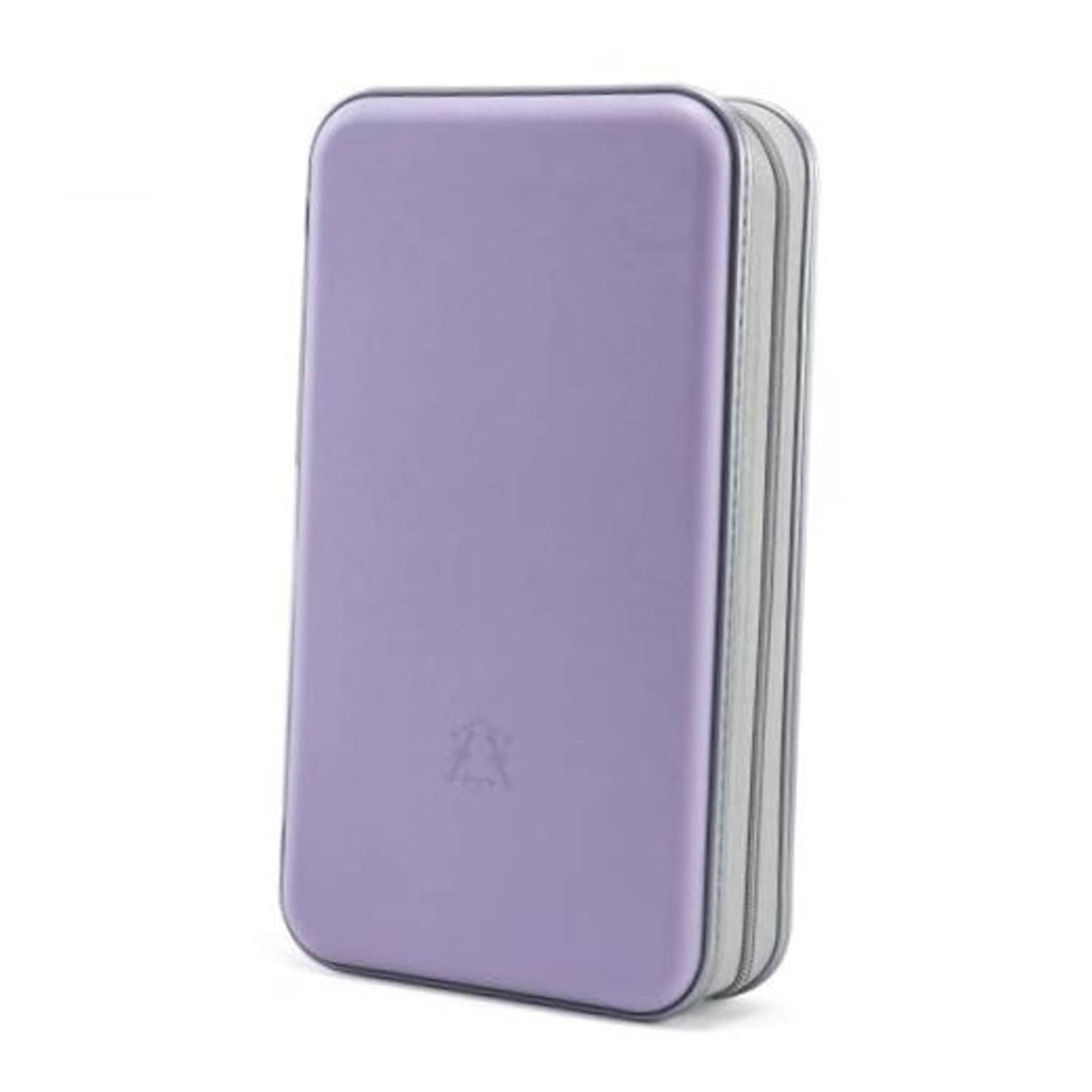 Lavender hard plastic CD case organizer wallet with zipper, slim rectangular shape.