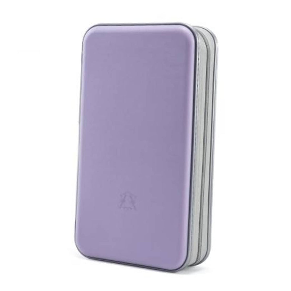 Lavender hard plastic CD case organizer wallet with zipper, slim rectangular shape.