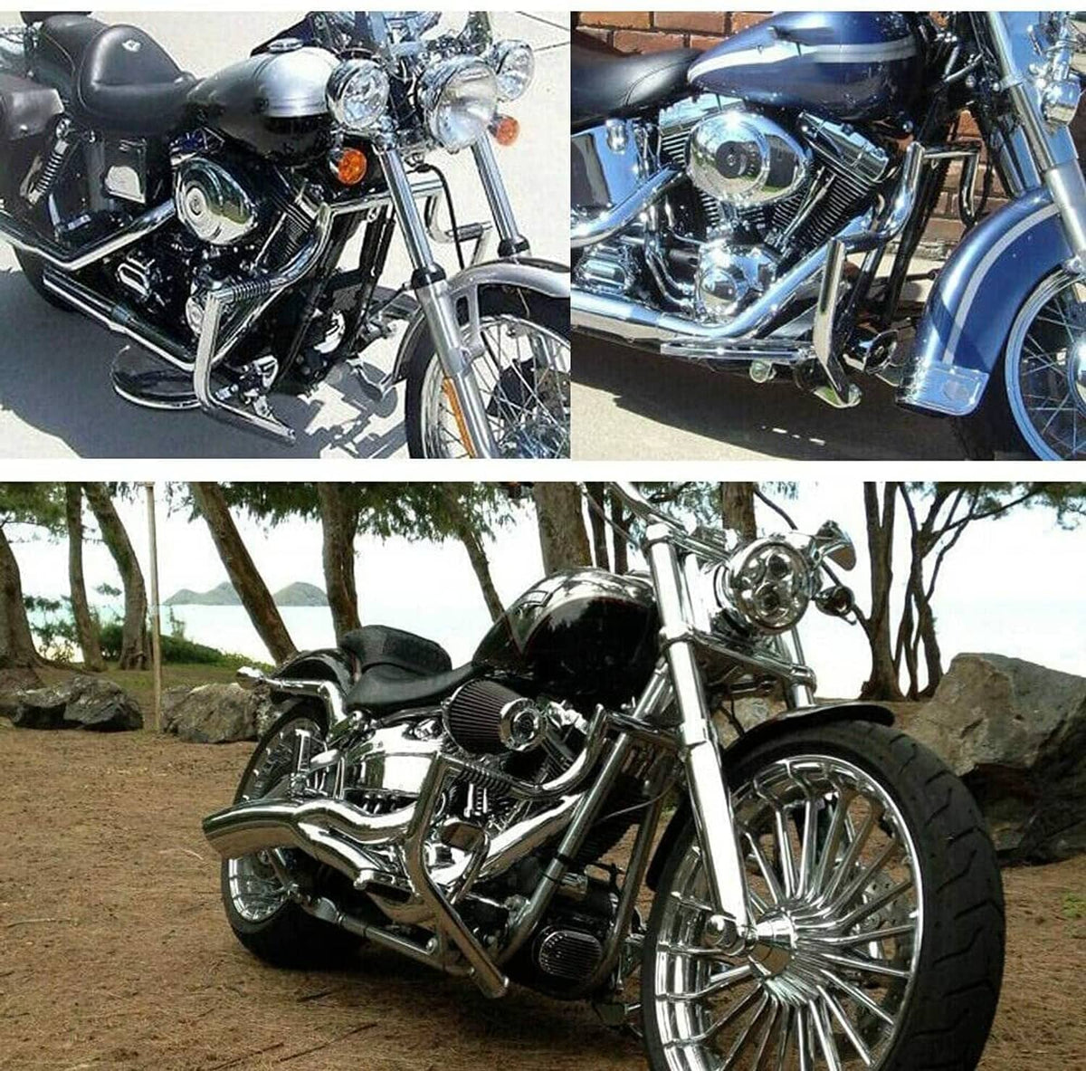 Chrome engine guard crash bar installed on a motorcycle, angled side view