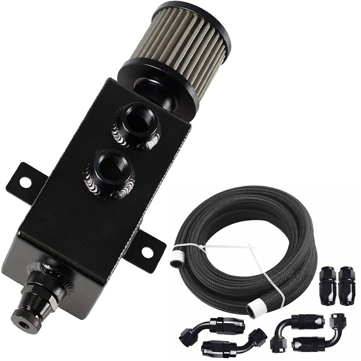 Oil catch can reservoir tank with baffled filter and 10AN fuel line kit