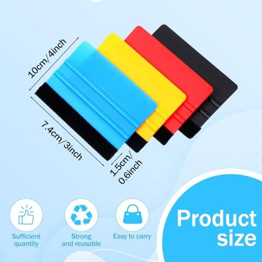 Assorted felt-edge squeegees with black backing and blue, yellow, red, and black colors.