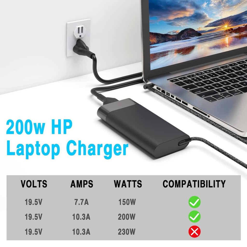 Laptop power adapter with braided cable and DC barrel plug connected to laptop