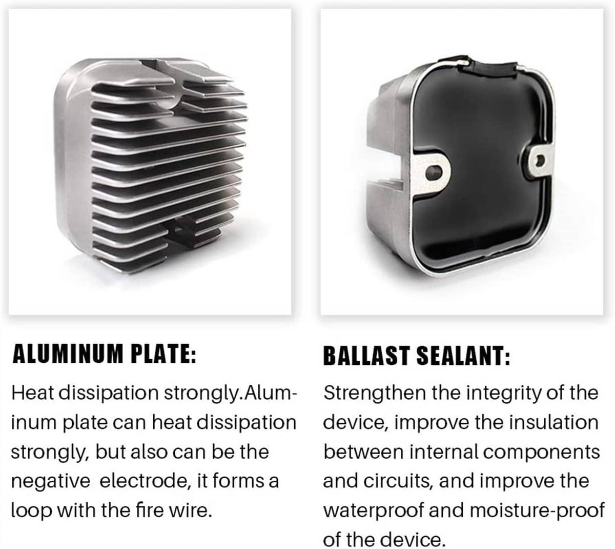 Voltage regulator/rectifier closeups: finned aluminum and black-sealed module