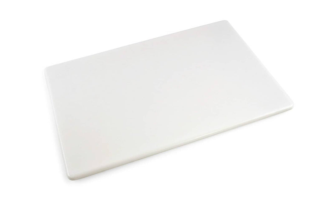 White plastic cutting board, rectangular, smooth surface, rounded corners