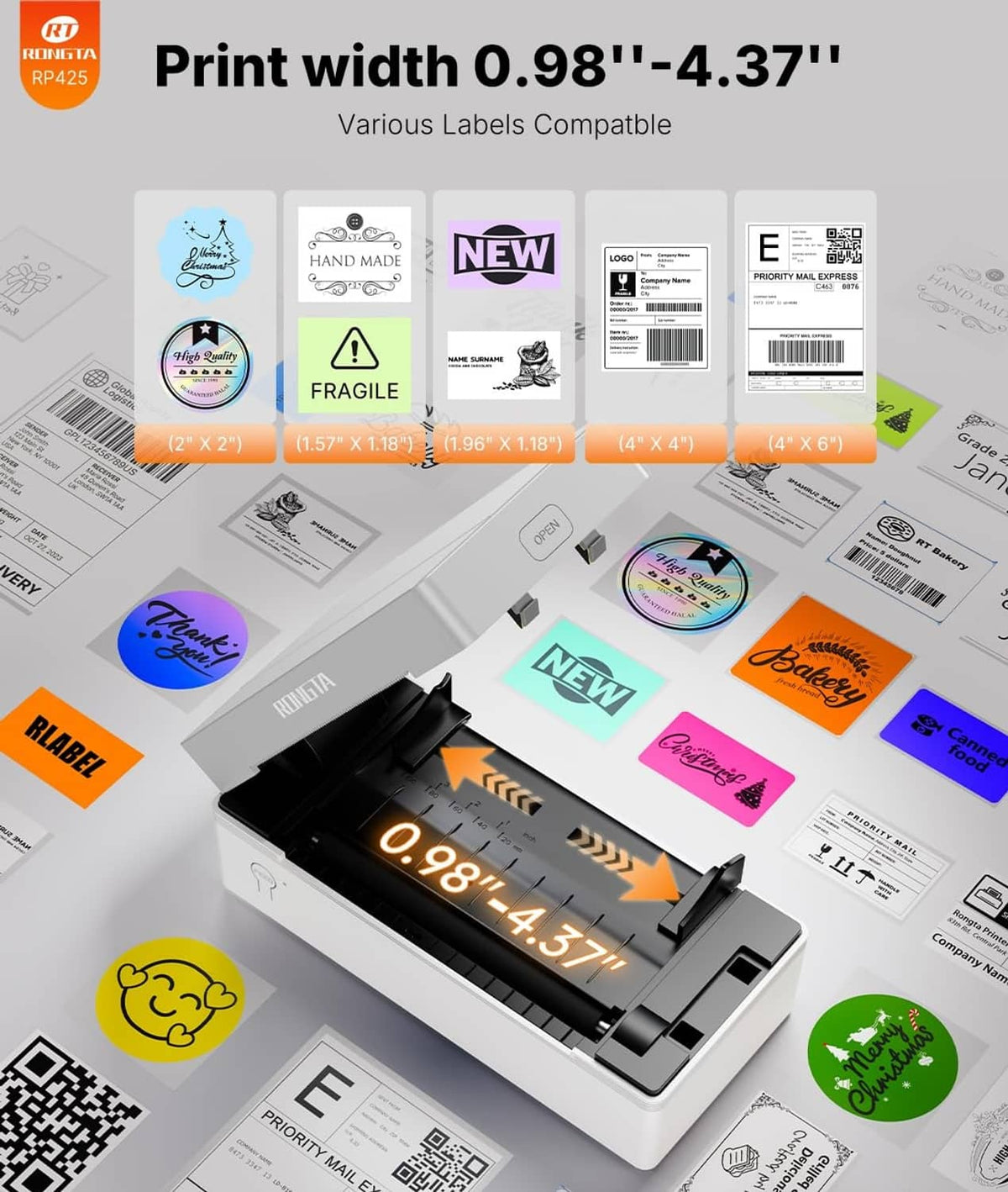 White thermal label printer dispensing labels, shown with various label sizes around it