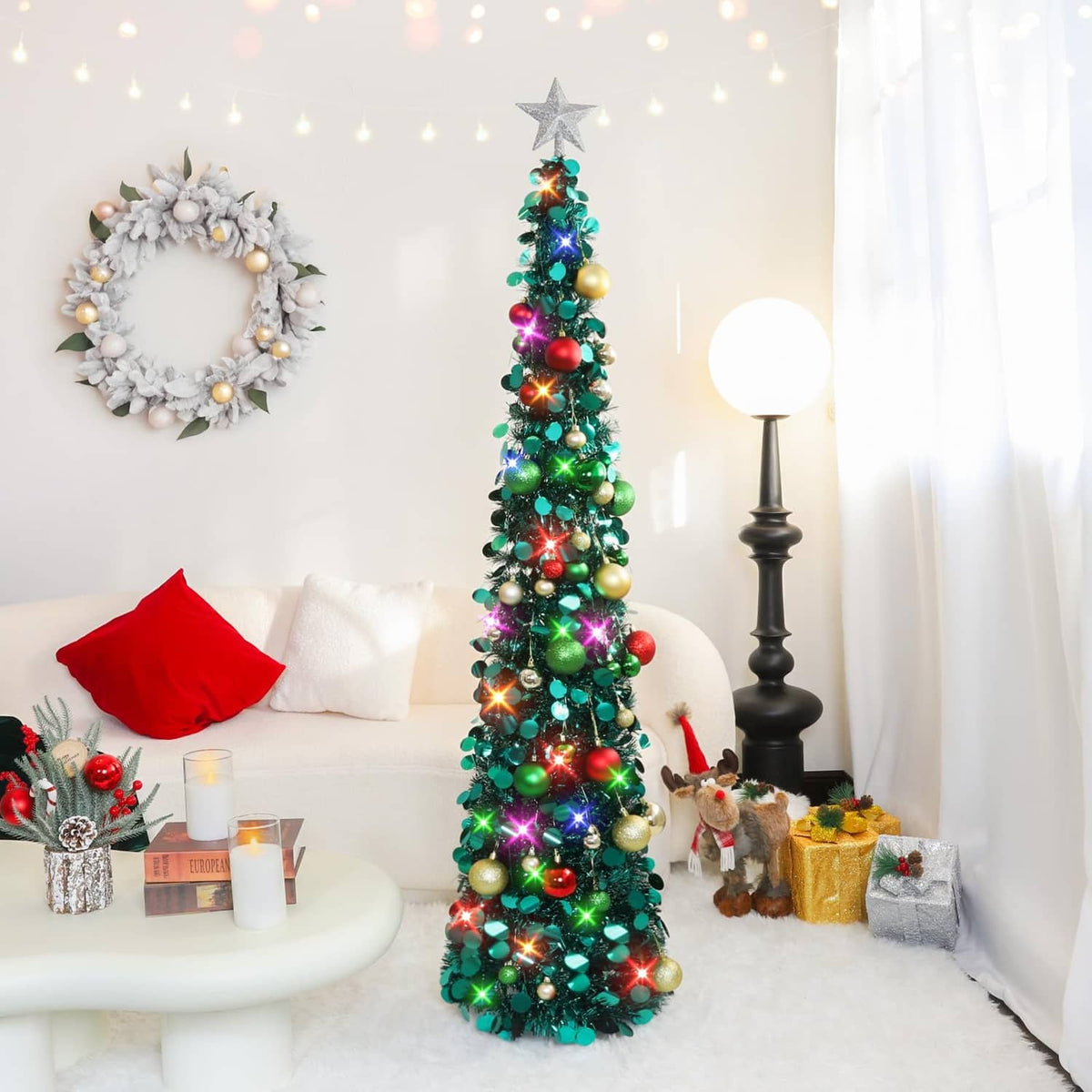 5 ft prelit Christmas tree with star topper, green branches and multicolor lights