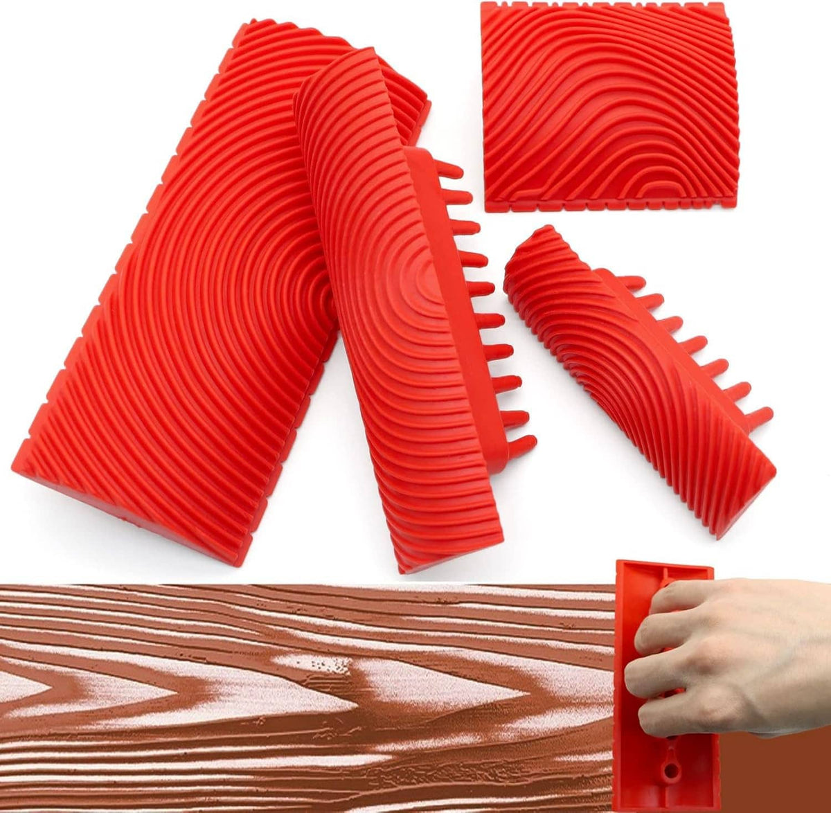 Four red ribbed rubber wood-grain tools with example faux wood texture on a plank