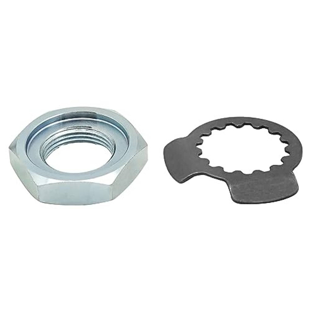 Silver hex nut with inner threads and dark serrated washer, paired parts