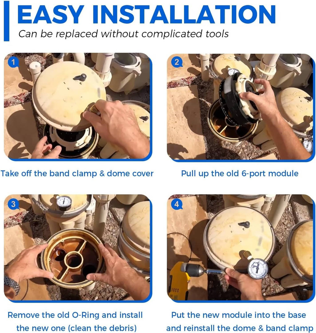 Installation photos showing 6-port module replacement on a pool valve housing