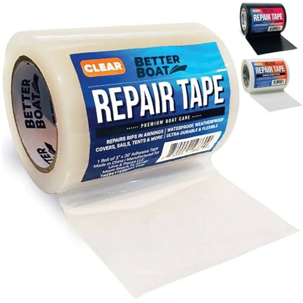 Clear waterproof repair tape roll with white patch strip, Better Boat branding on label.