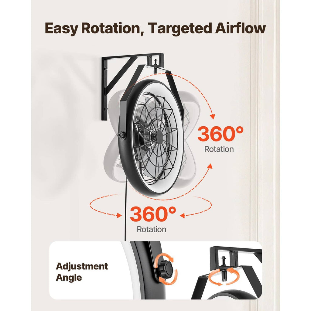 Wall-mount fan with light featuring adjustable head angle and 360-degree rotation