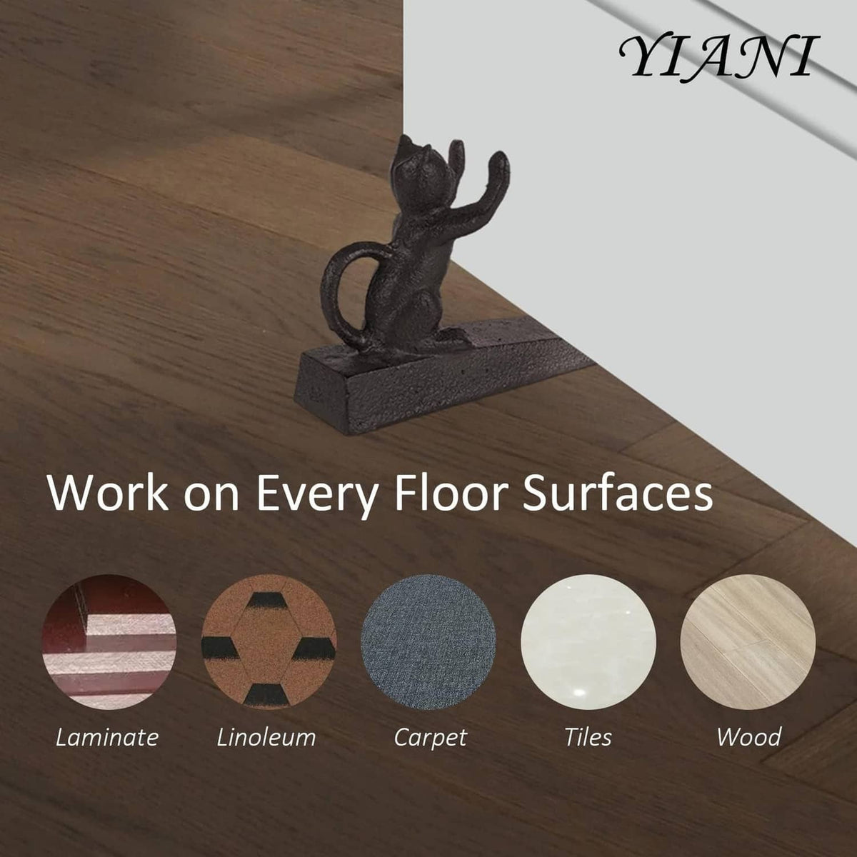 Cat-shaped cast iron door stopper on wood floor, dark gray rectangular base